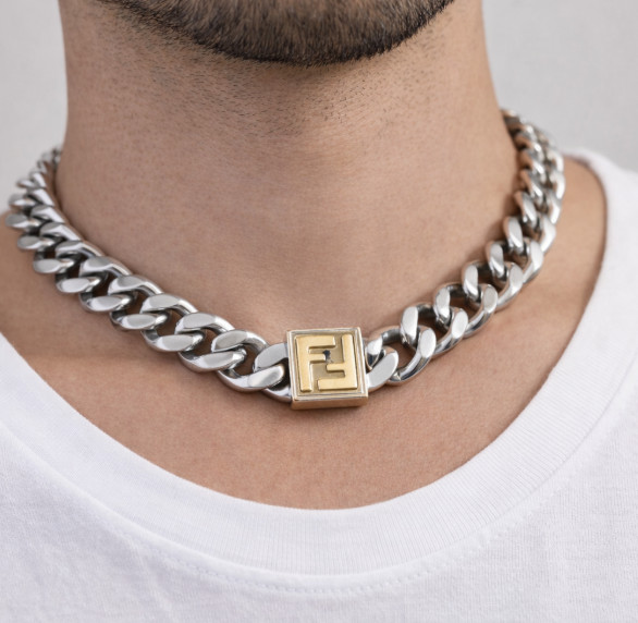 Auth Fendi FF Logo Curb Chain Necklace Men’s 50cm – Palladium Plated 2Y3097