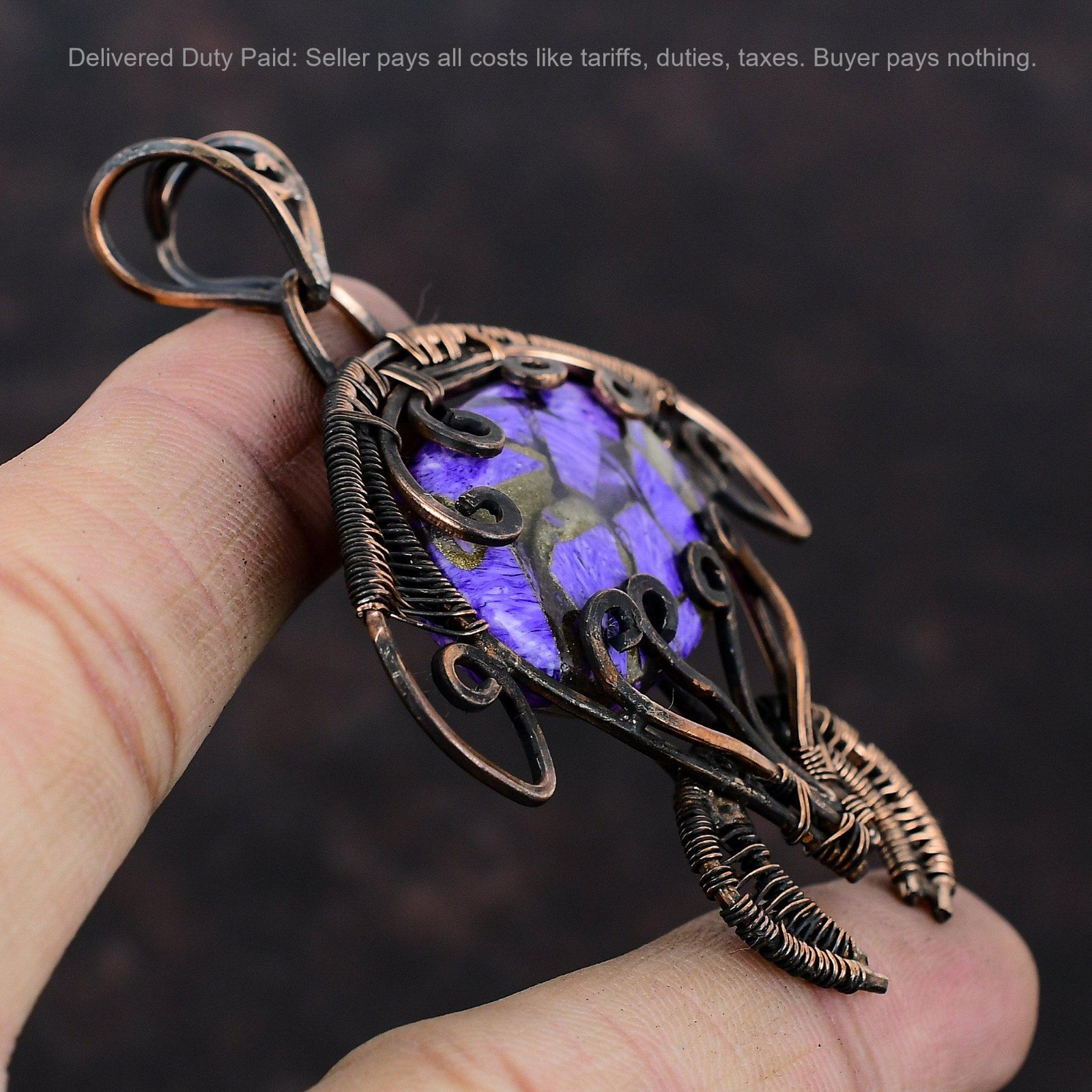 Copper Russian Charoite Gemstone Wire Wrapped Tortoise Pendant Jewelry Copper