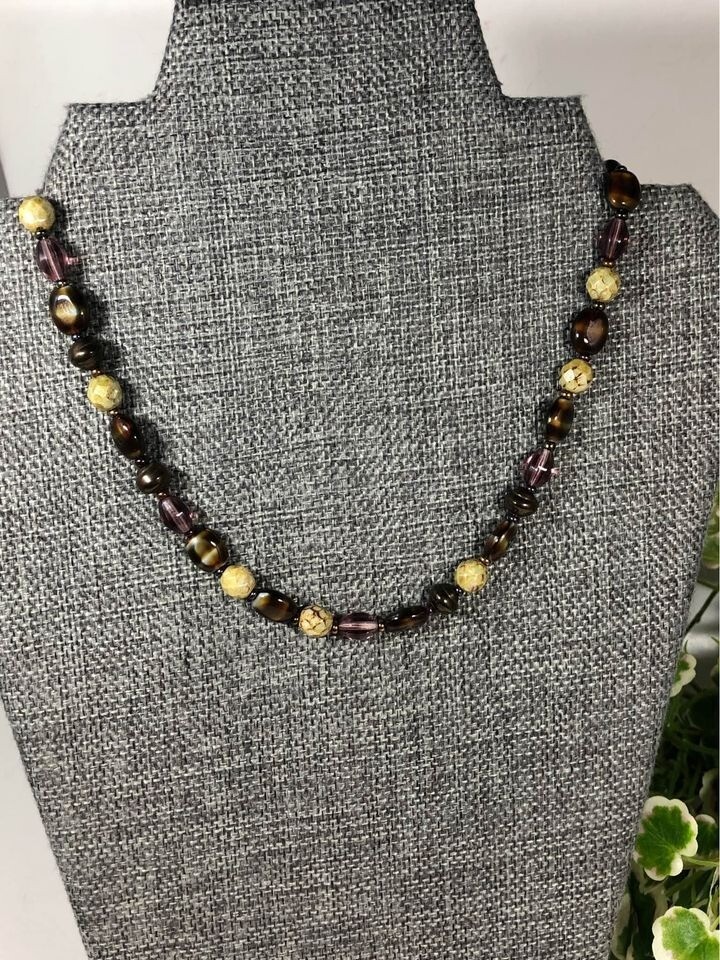 Brown Purple Glass Beaded Necklace 16 Inch Plus 2 Inch Extender Lobster Clasp