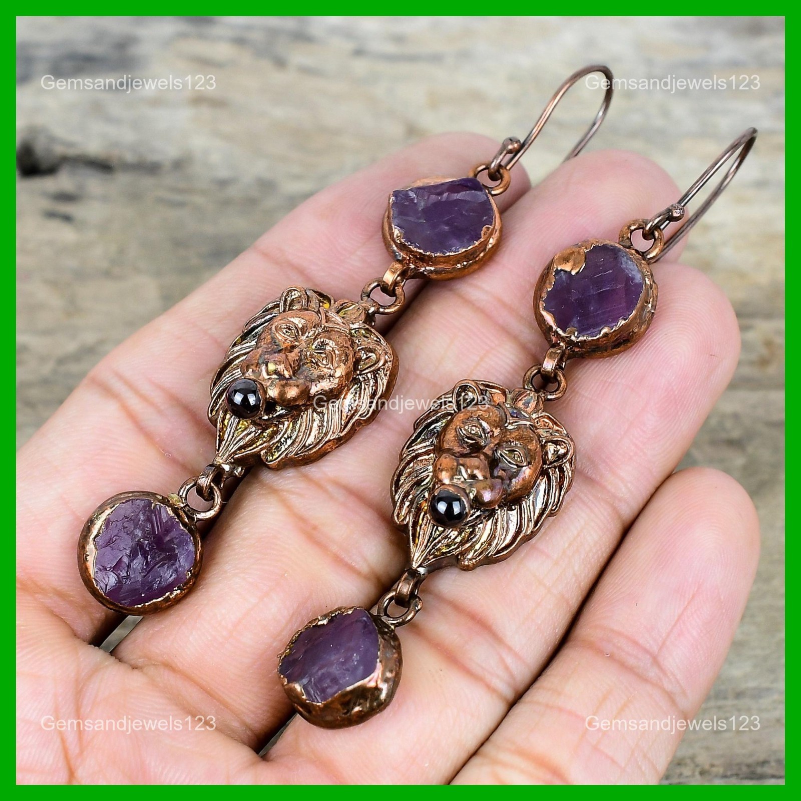 African Amethyst Rough Gemstone Earrings Electroformed Copper Lion Face Earring