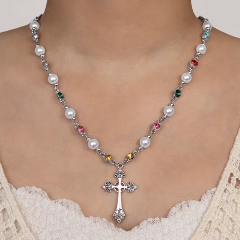 011 Cross Pendant Necklace Pearl & Multicolor Beaded Silver Tone Adjustable