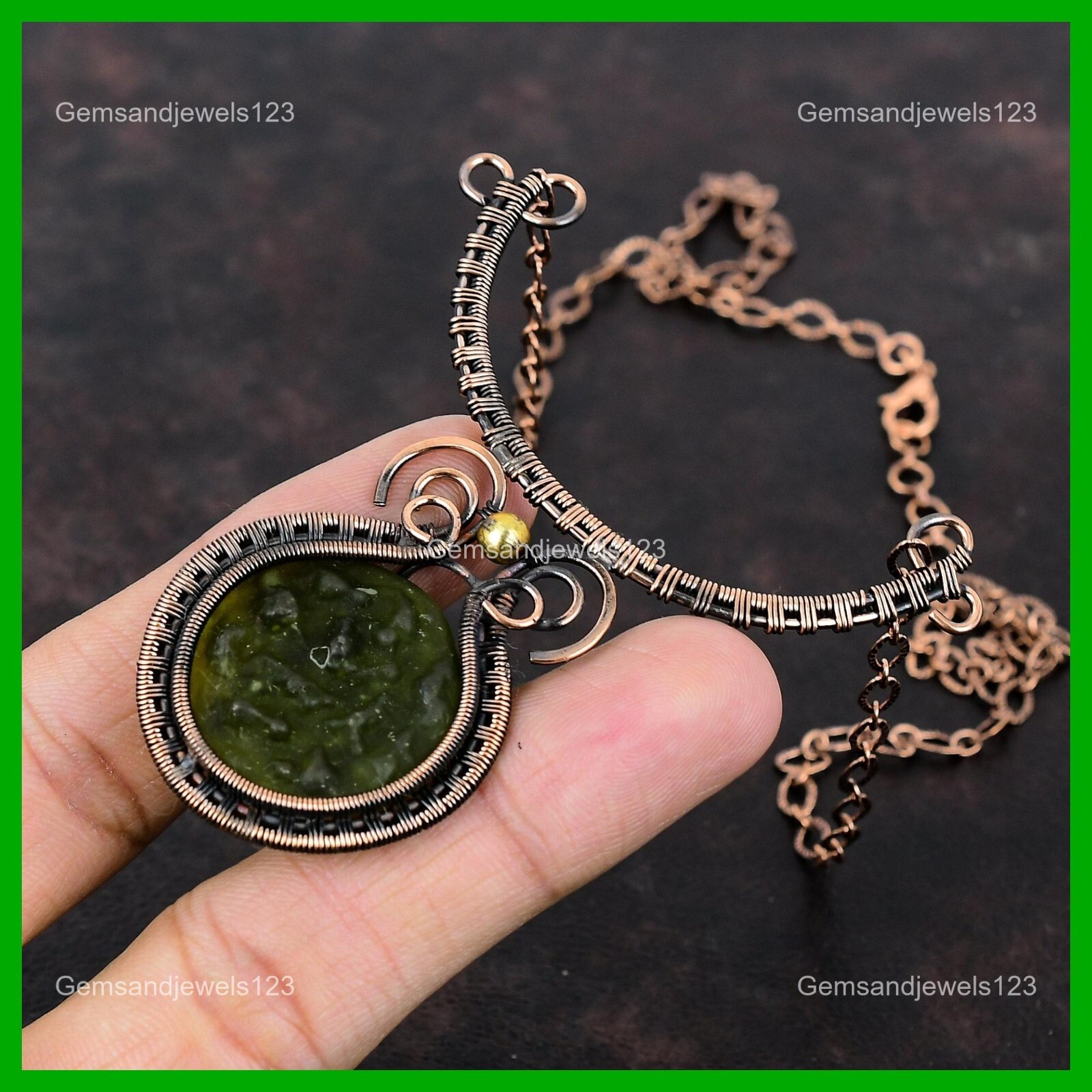 Copper Third Eye Chakra Moldavite Gemstone Sister Wire Wrapped Necklace Jewelry