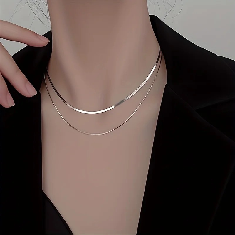 Silver Double Layer Snake Chain Necklace Adjustable Extender Lobster Clasp