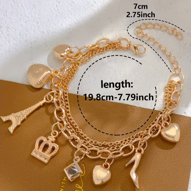 Three Row Chain Europe Queen Theme 8 Charm Bracelet Gold Tone