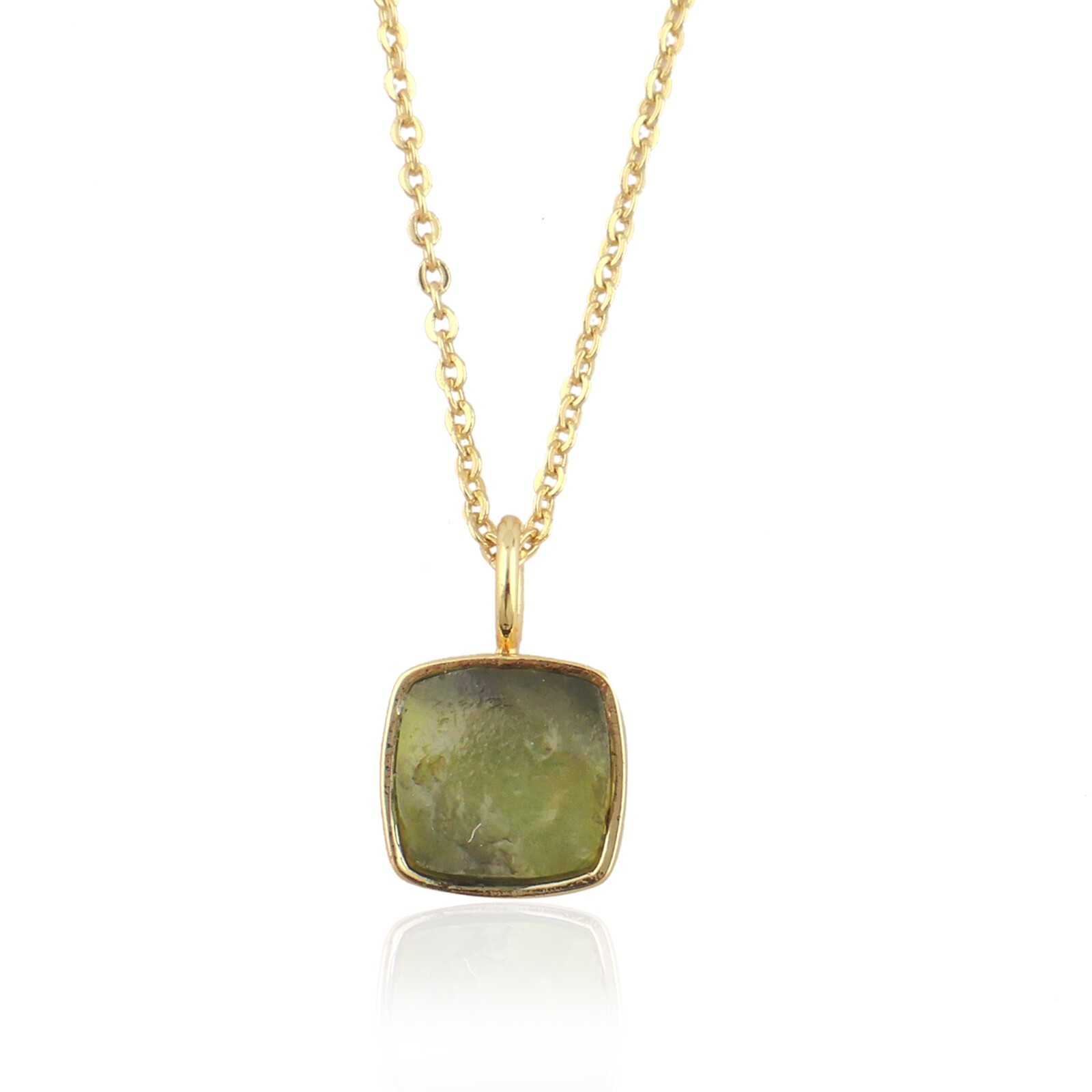 Raw Uncut Moldavite Pendant Cushion Shape Gold Plated Adjustable Needle Necklace