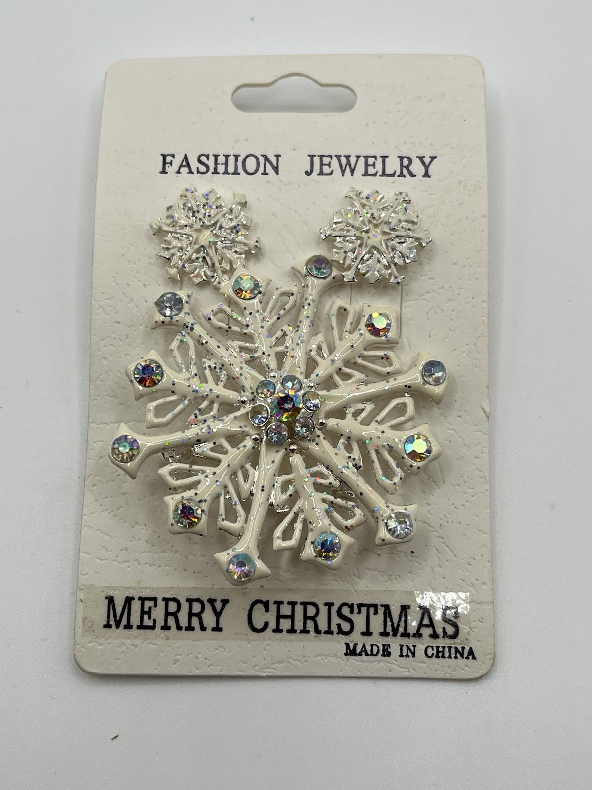 Merry Christmas Snowflake Matching Brooch Lapel Stud Earrings Set White