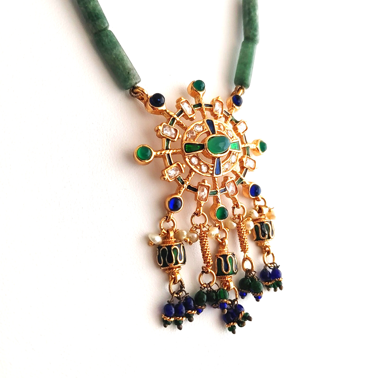 Ornate Gold Tone Green Blue Pendant Necklace Beaded Stone Freshwater Pearls 16”