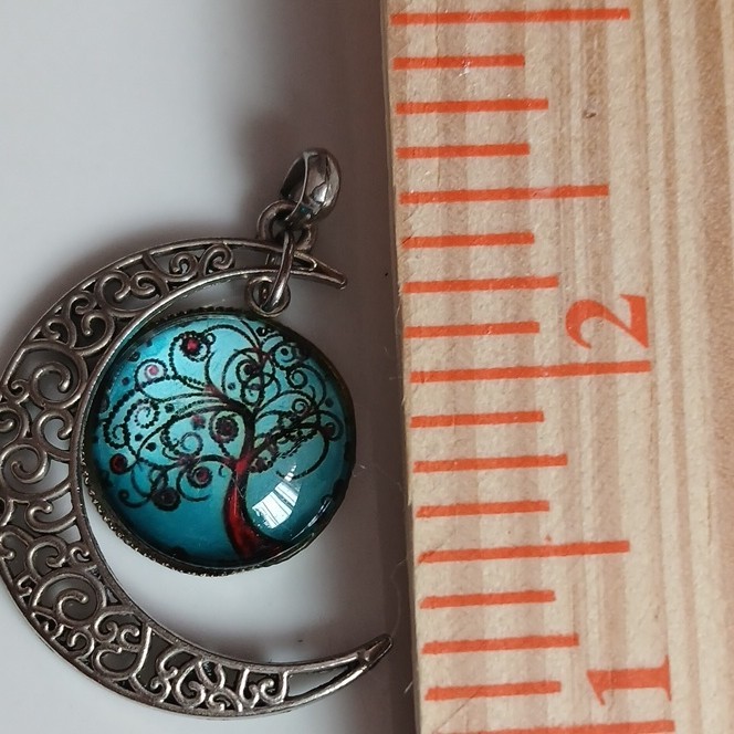 Silver Tone Crescent Moon Tree of Life Pendant Charm Blue Round Cabochon