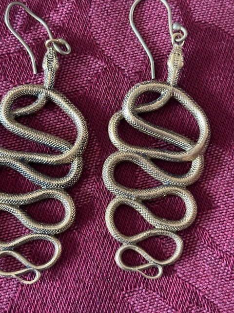 2 Pair Dangling Snake Earrings: Gold Color Metal Rhinestone & Mythology Tribal