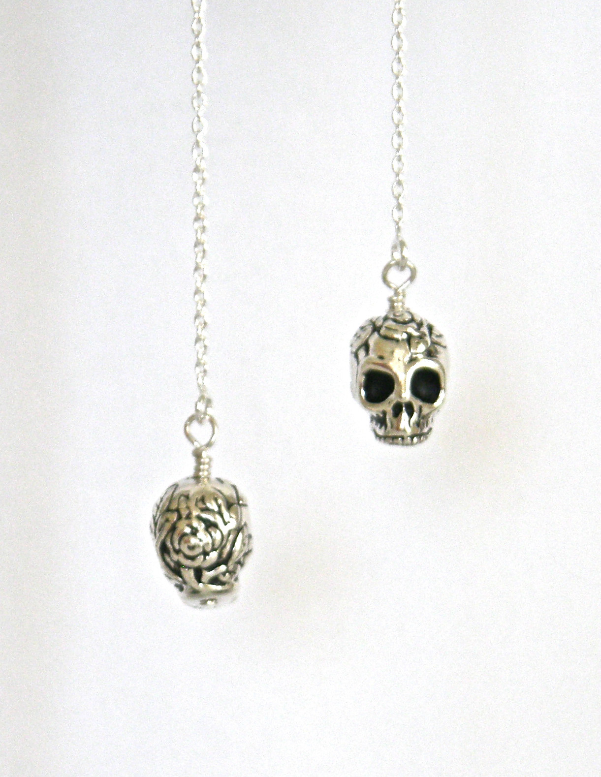 *IAJ* .925 STERLING SILVER Ear Threader Earrings w/3-D SILVER sp SUGAR SKULLS