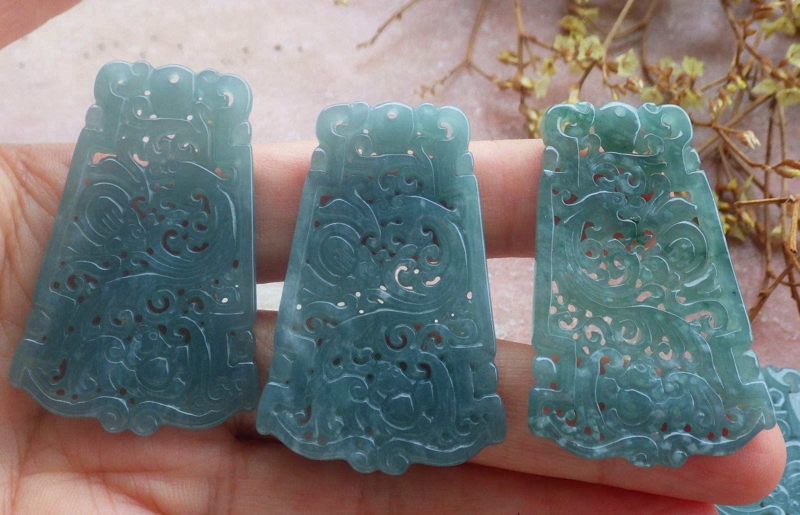 1Pcs Green Burma 100% Natural A Jade jadeite Pendant Dragon Bat Ruyi 生意兴隆 735470