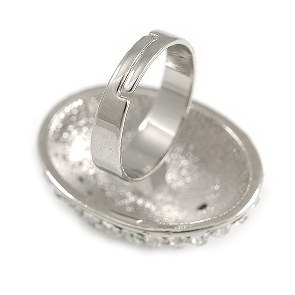 Oval Dome Shape Clear Crystal Ring In Silver Tone Metal – 30mm Long – 7/8 Size
