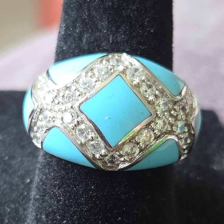 Silver Tone Blue Enamel Rhinestone Cocktail Ring Size 7 Pre-Owned