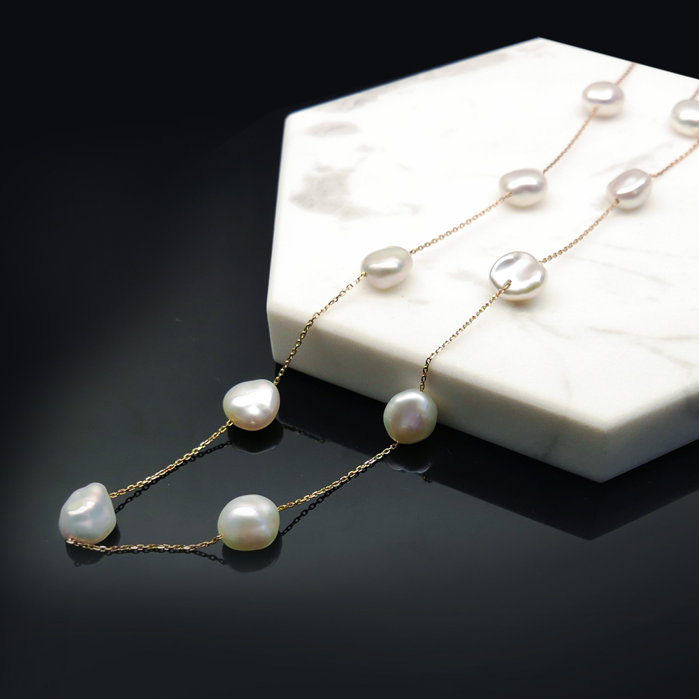 8-9mm White Natural Freshwater Keshi Pearl Necklace 14k Yellow Gold Chain 16.0″
