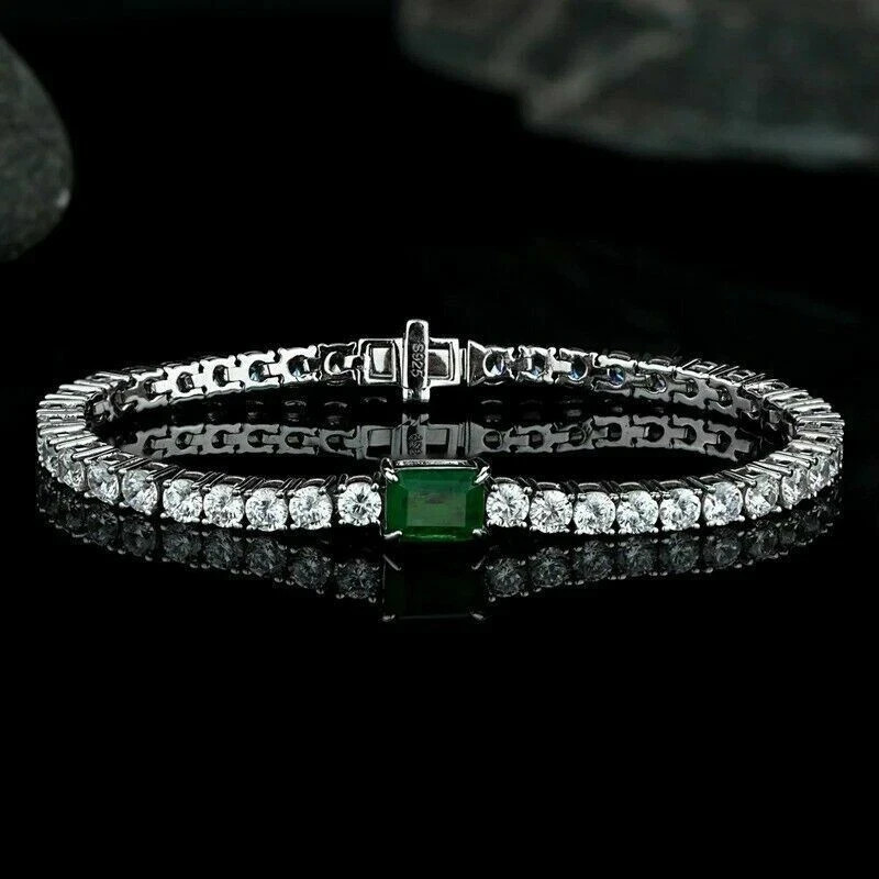 6.50 Ct Simulated Green Emerald & Diamond Tennis Bracelet 14k White Gold Plated