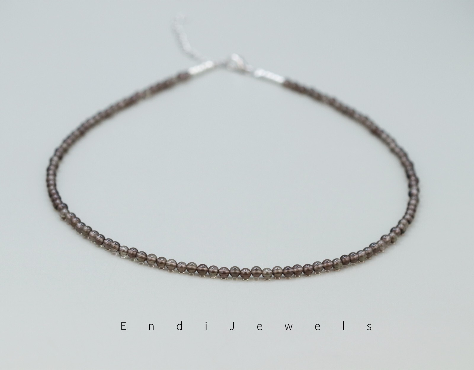 Natural Smoky quartz Small 3mm Round Beaded Choker adjustable 15 to 17 inches