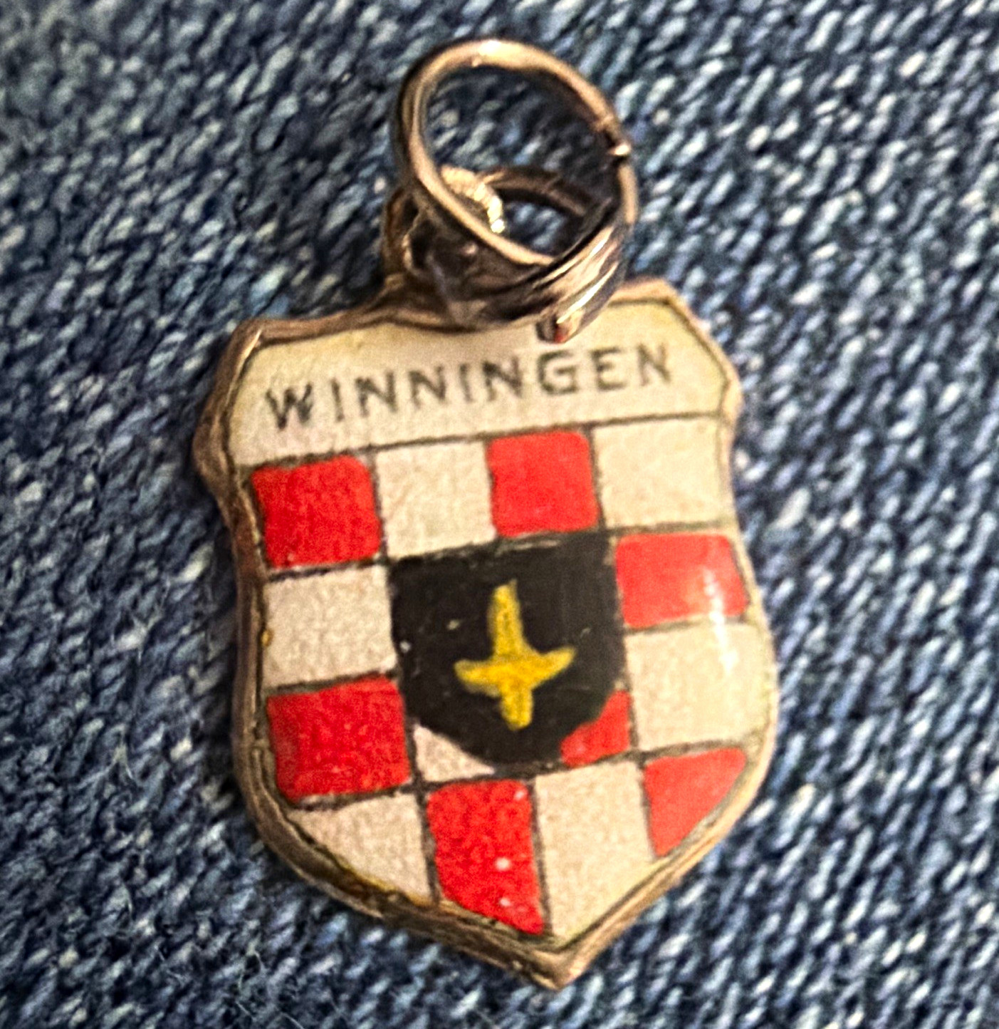 800 Silver Enamel Winningen Shield Dangle Charm Heraldry Signed Spring Ring