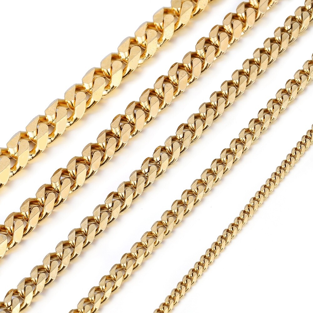3-11mm 7-11″ Gold Plated Stainless Steel Chain Bracelet Curb Cuban Link Wrist