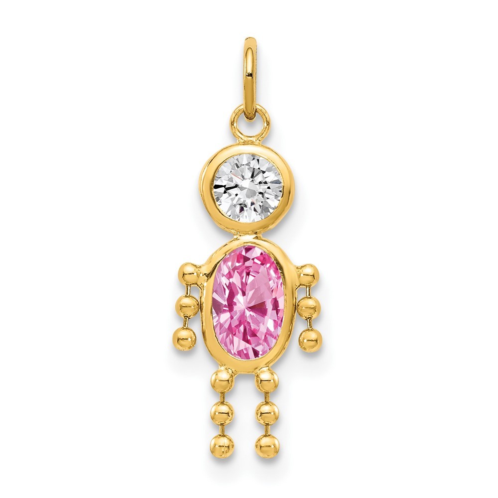 10k Yellow Gold Cubic Zirconia Pink October Birthstone Boy Pendant L20mm, W 10mm