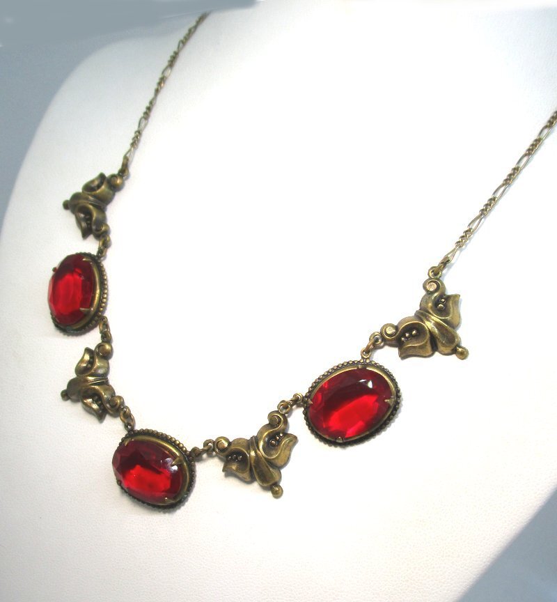 SADIE GREEN Necklace / Gold Plate and Red Czech Glass 15.3 grams 18 1/2” long