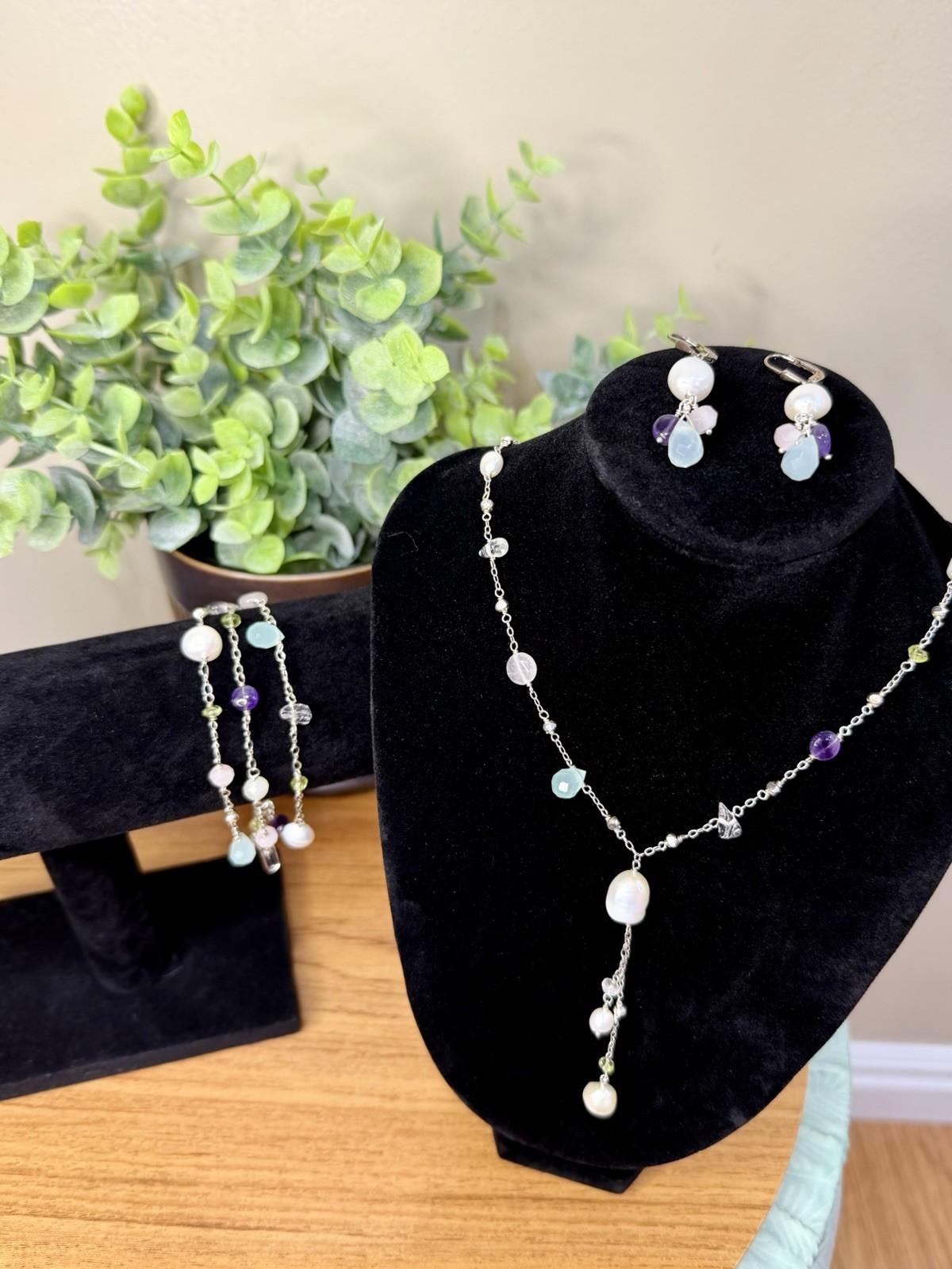 Lia Sophia Pearl Beaded Jewelry Set Necklace Bracelet Earrings Silver Tone