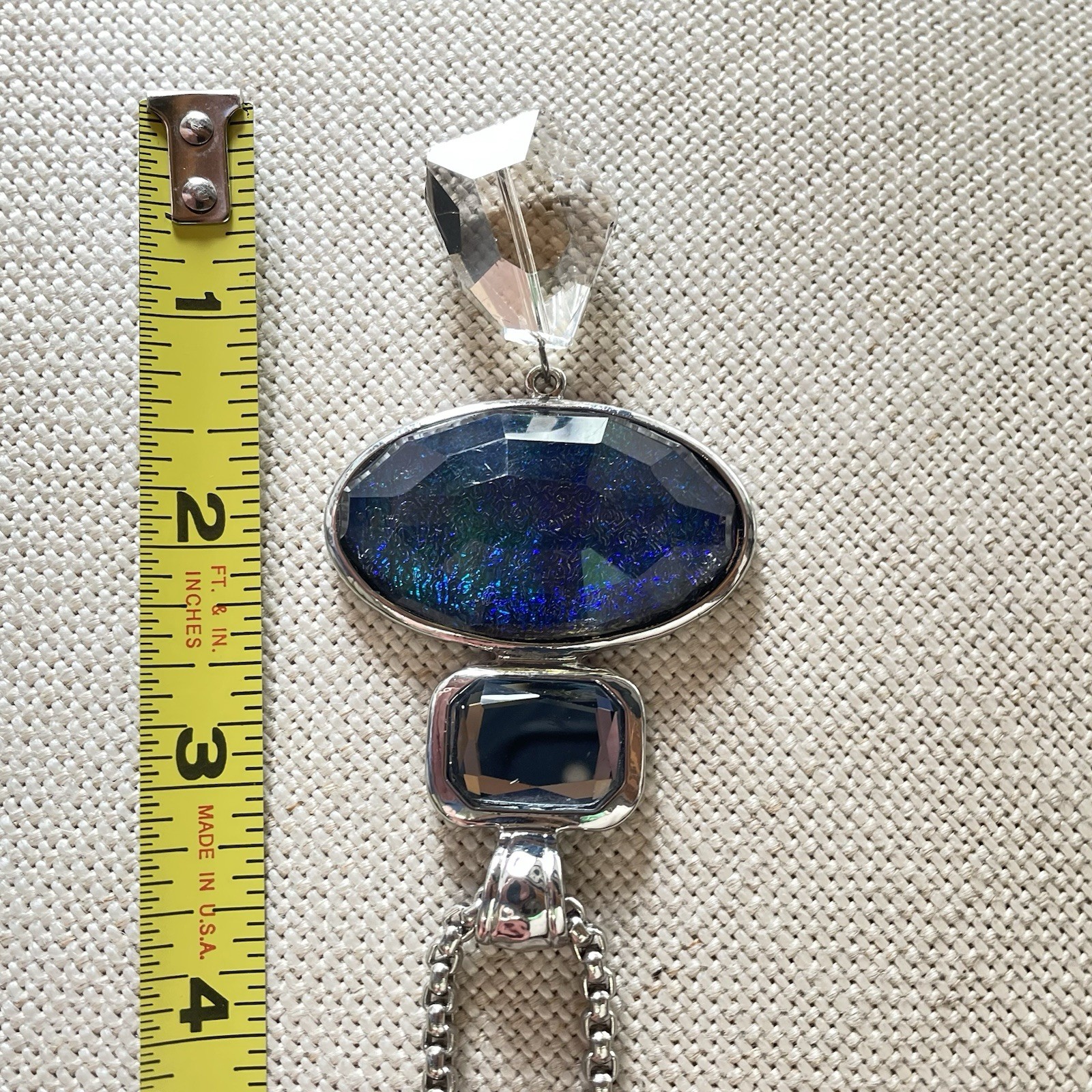 Chico’s Silver Tone Textured Chain Gray Cord Blue Jewel Charm Necklace Chic 34”