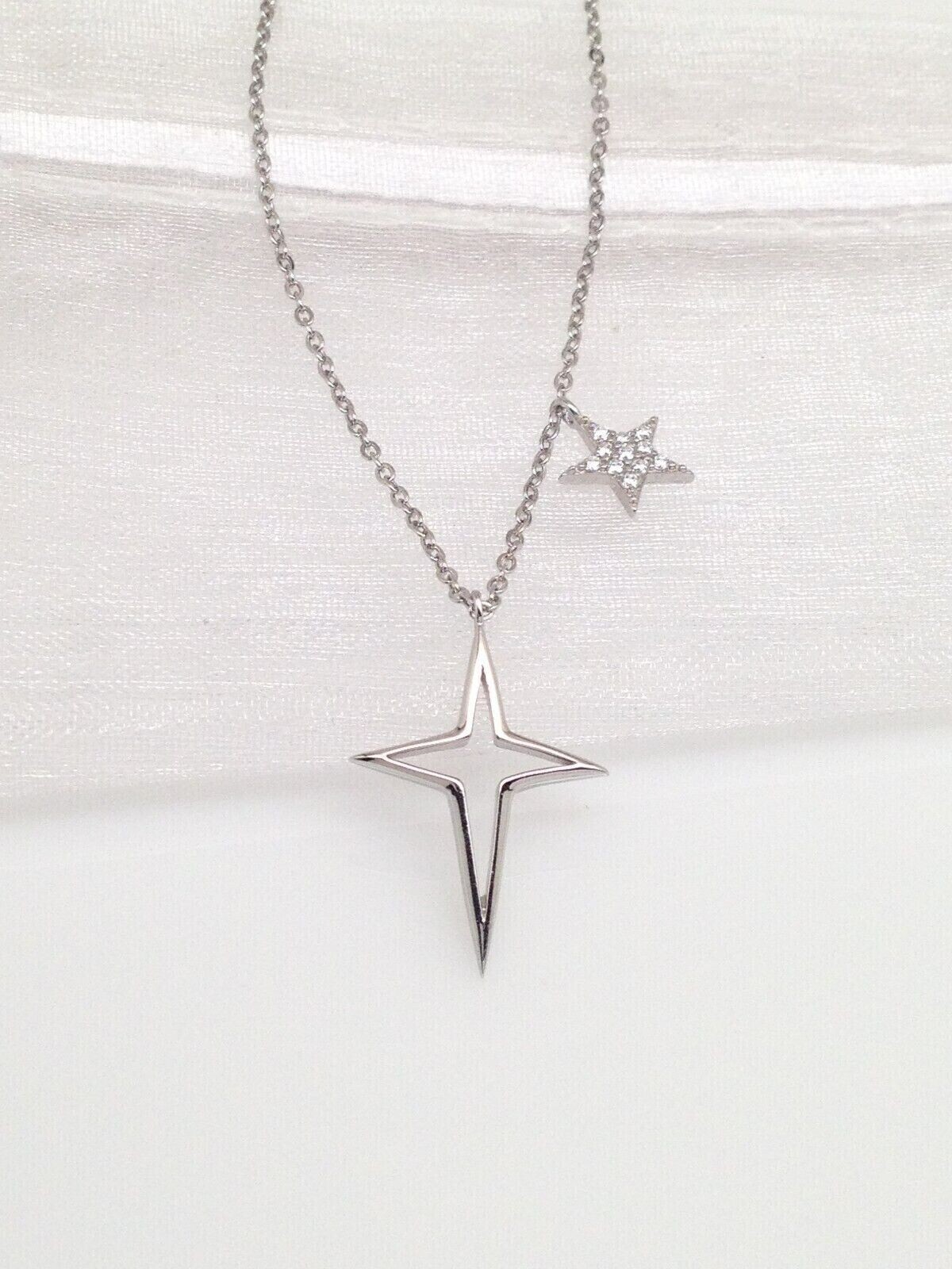 Star & North Star Pendant Necklace Sterling Silver 925 CZ Women 7mm/19mm(0.75″)