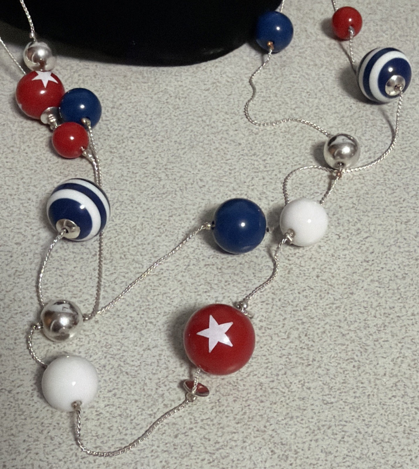 Red White Blue 32” Long Multi Strand Necklace Patriotic Star Stripe Beaded 250th