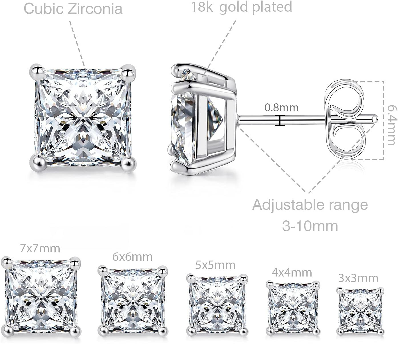 5 Pairs Square Earrings Set for Women Hypoallergenic 18K White Gold/Yellow Gold/