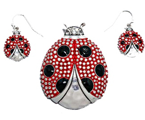 LUCKY LADYBUG Pendant & Matching Earrings-Magnetic Closure – 1 3/4 inches