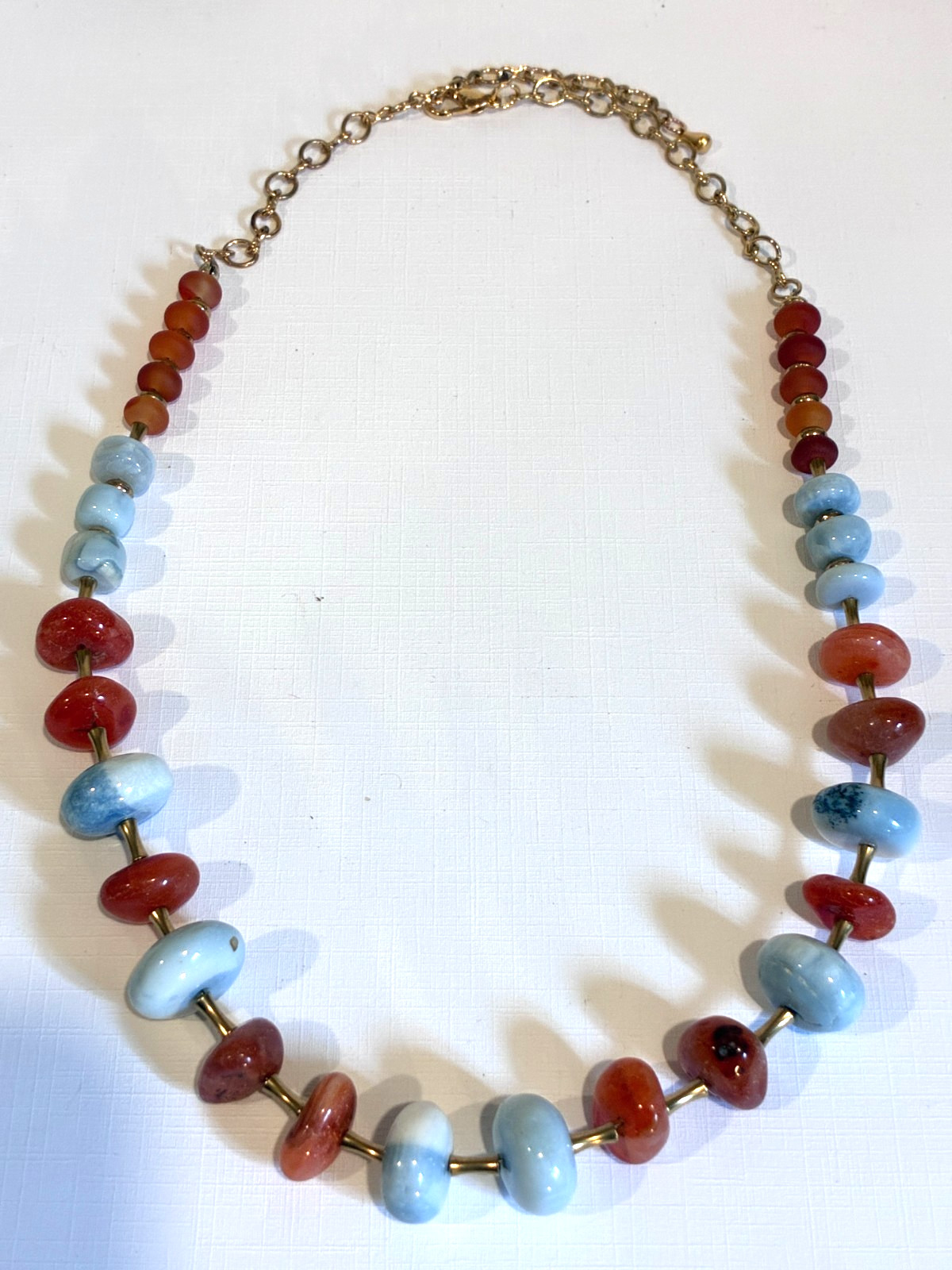 Boho Chunky Natural Gemstones -light blue, red/orange, brass, long 20″ – 24″