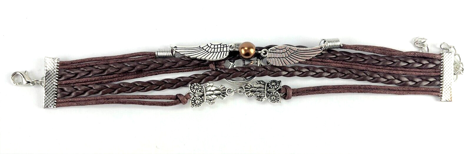 Leather Multi Charm Bracelet Five Pointed Star Owls & Angel Wings with Pearl