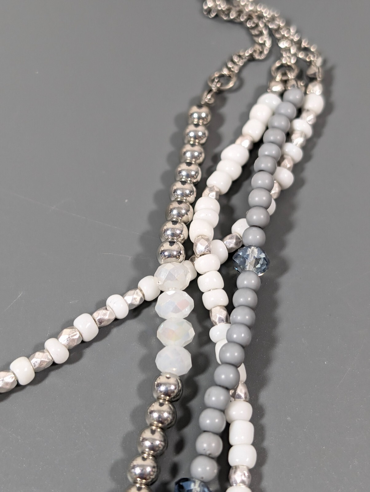 Beachy Coastal White Gray Beaded Silver Tone Layered Necklace 20 inch