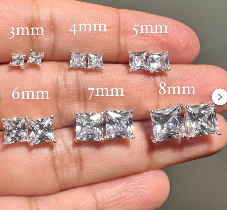 3mm To 8mm 4 Prong Princess Cut Pushback Stud Unisex Simulated Diamond 925Silver