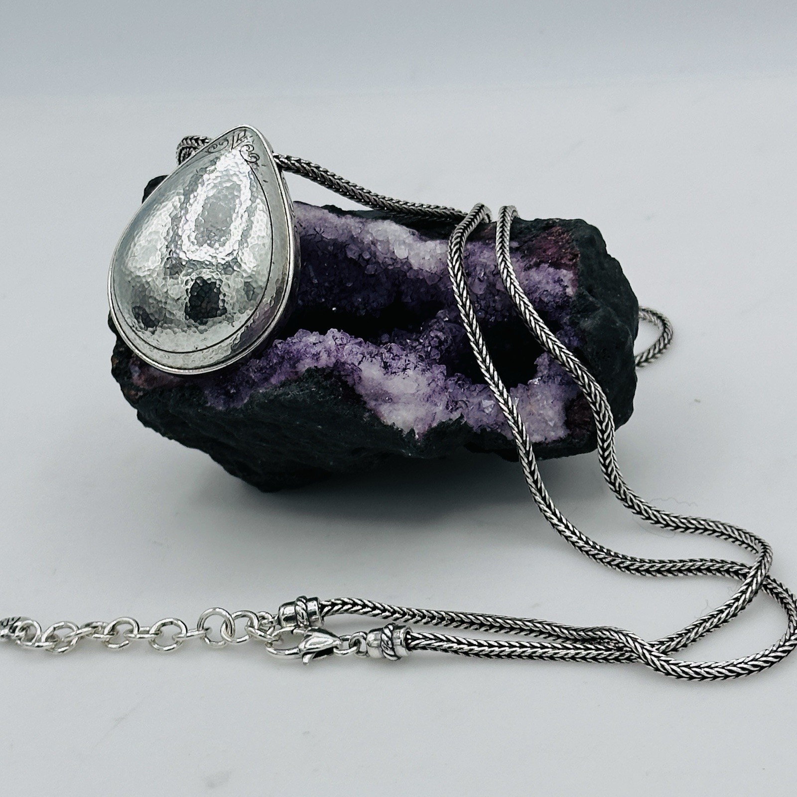 Brighton Mercer Drop Hammered Silver Tone Pendant Necklace Teardrop 30 In