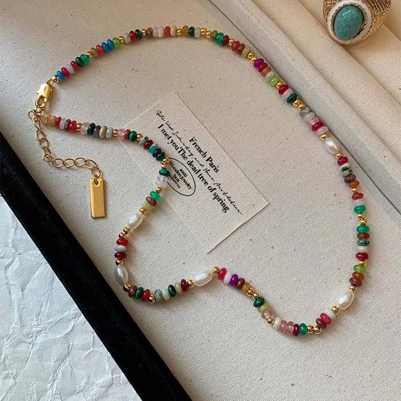 Premium Assorted Gemstone Rainbow Women Necklace Natural Freshwater pearl Choker