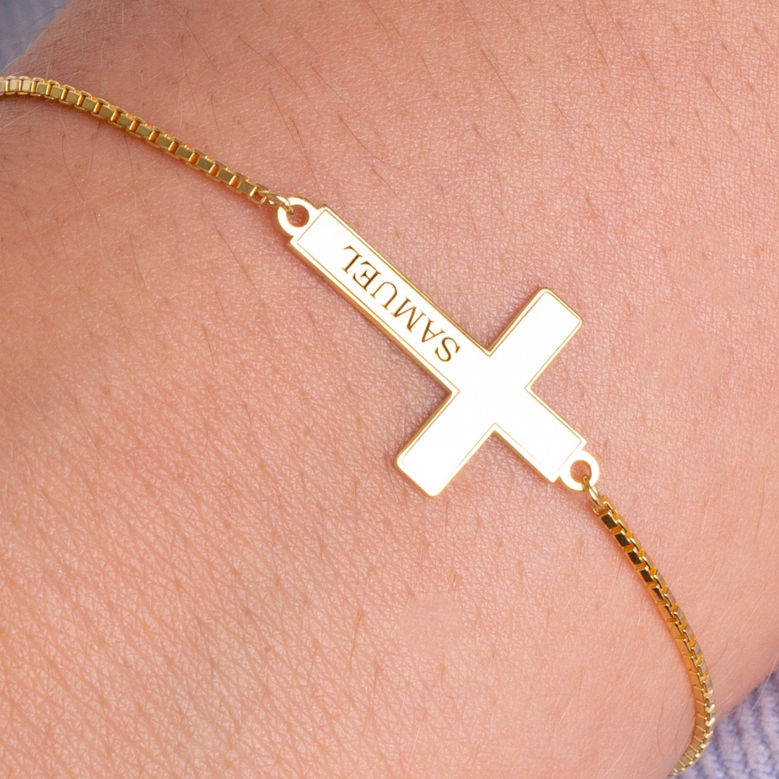 Custom Engraved Cross Bracelet 925 Sterling Silver Gold/Rose Gold/Silver