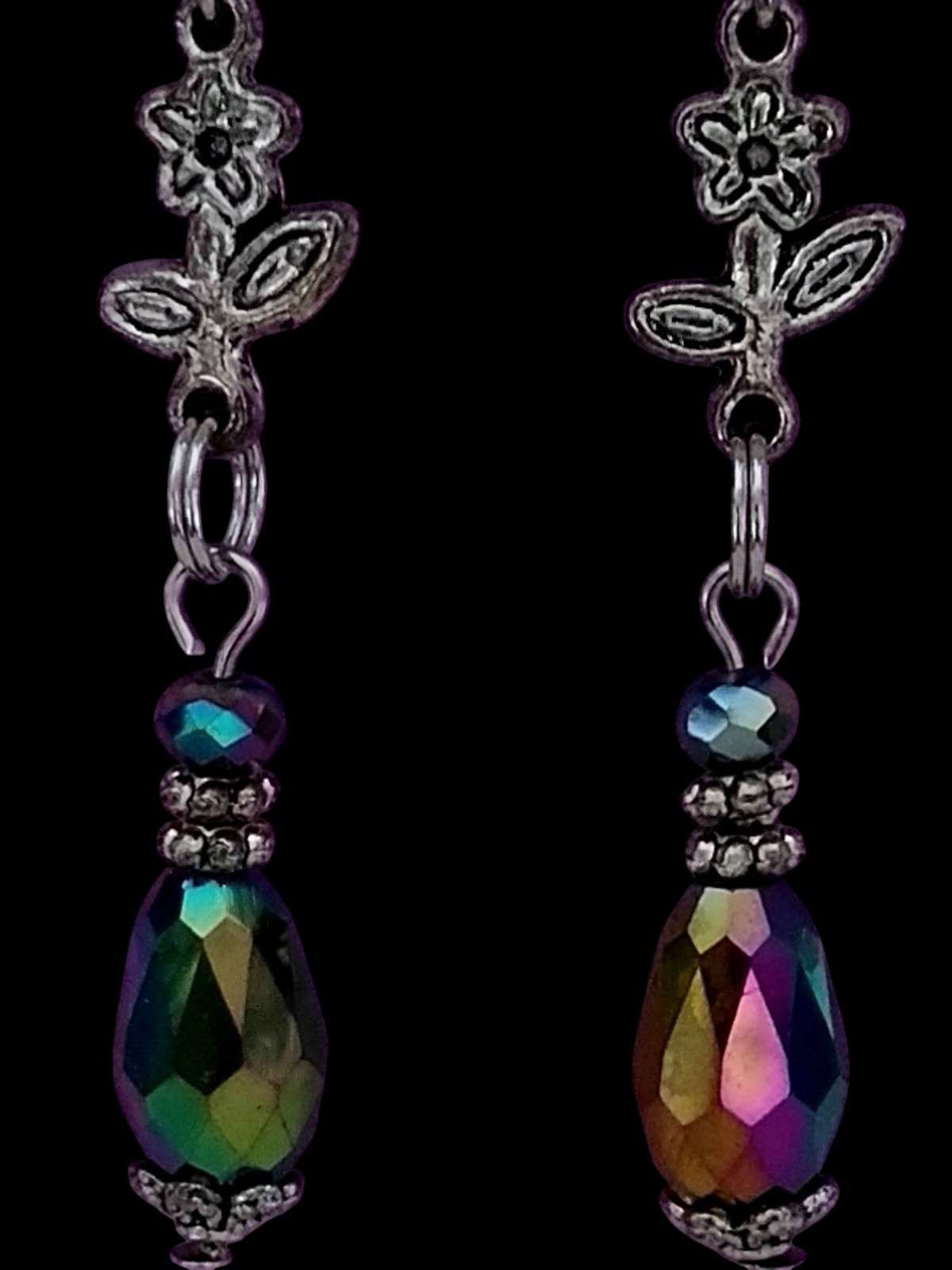 Handcrafted IRRIDESCENT BEADS SILVERTONE FLOWERS Double-Sided Dangle Earrings