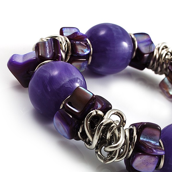 Purple Acrylic Bead, Shell & Metal Link Stretch Bracelet