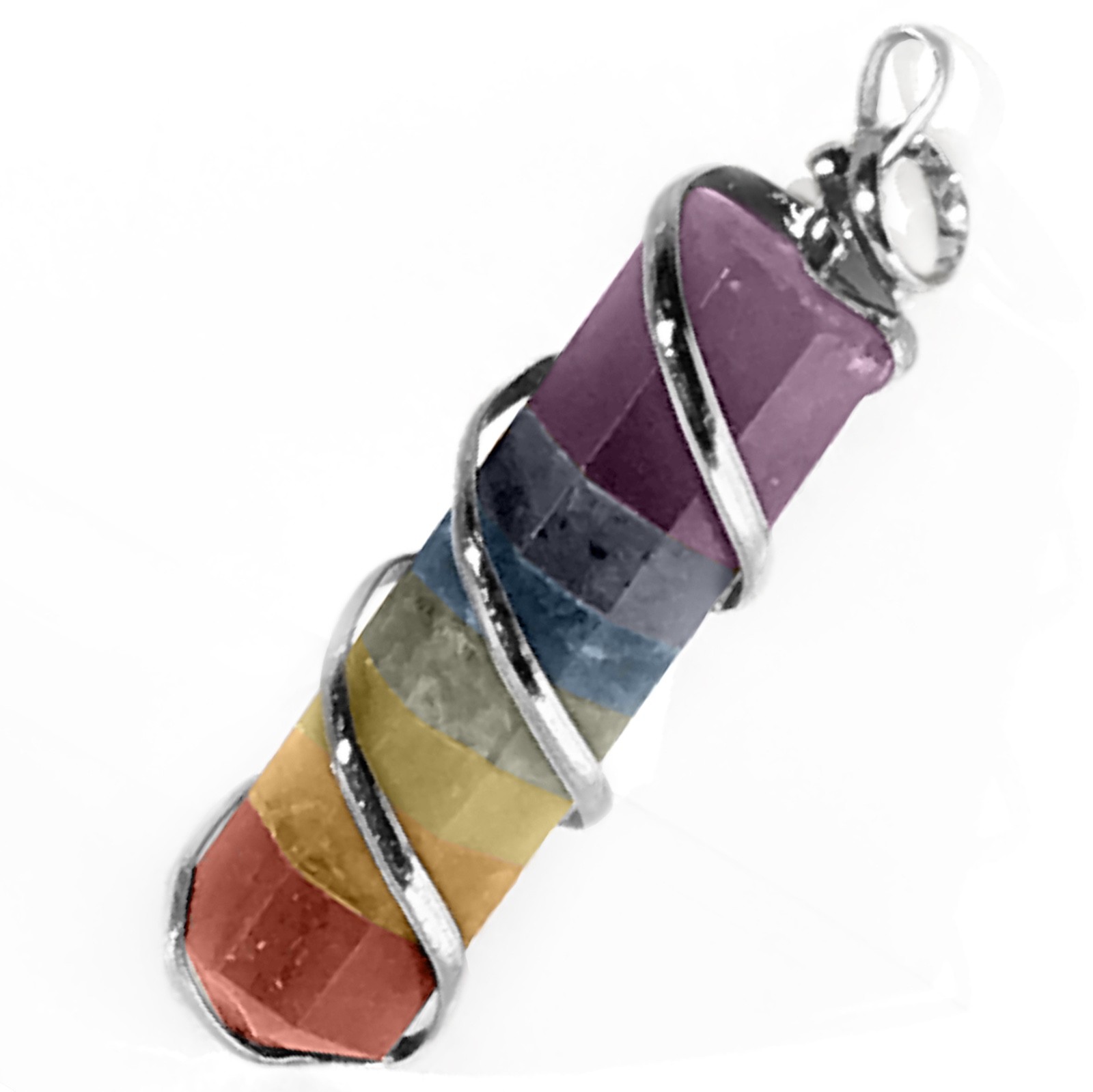 Rainbow Chakra Crystal Wire Wrap Silver Spiral Pendant Handmade Necklace CHARGED