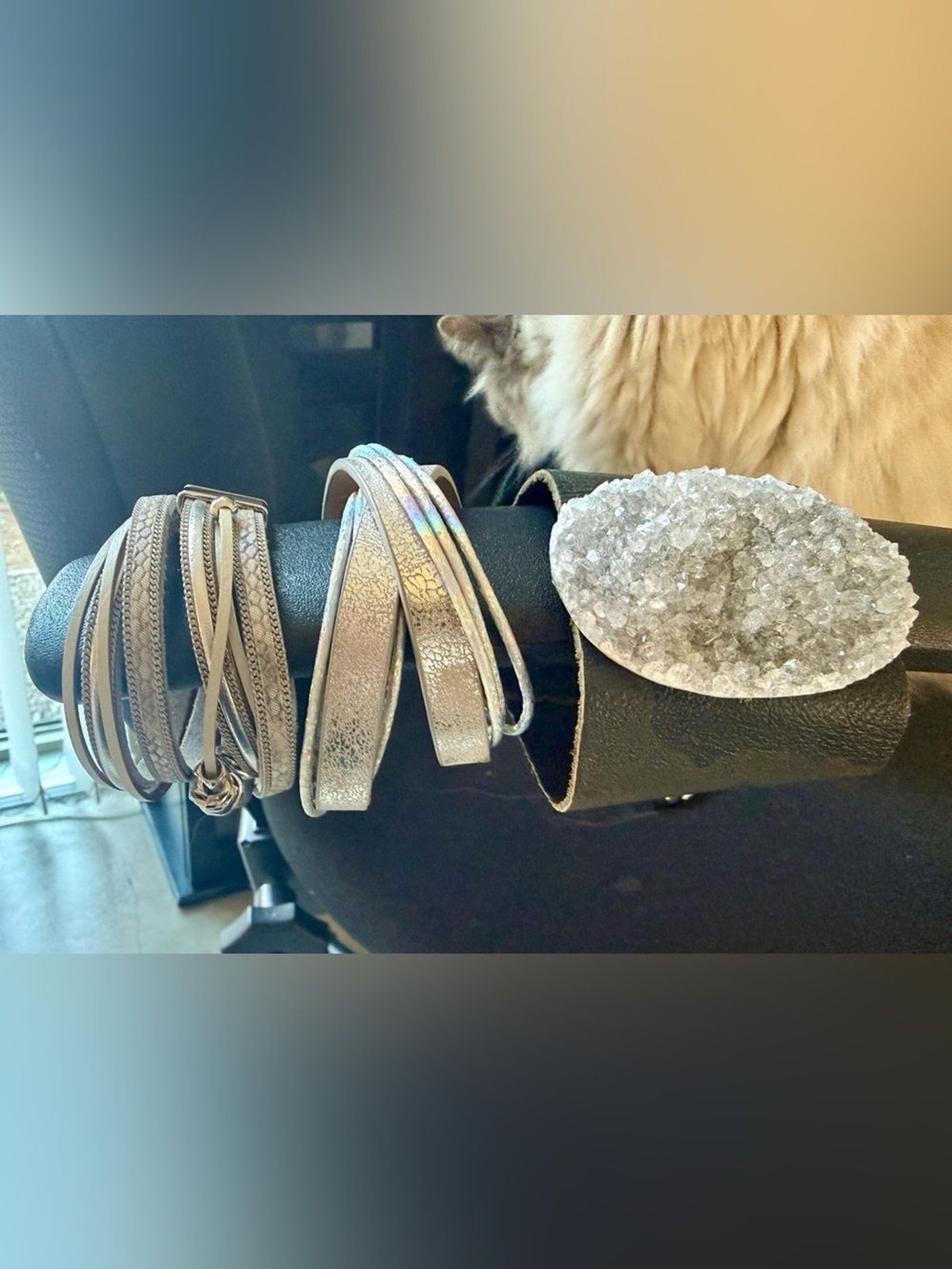 Bracelets:: 2 wrap/chokers magnetic clasp, 1 wide leather-cuff w/ druzy stone