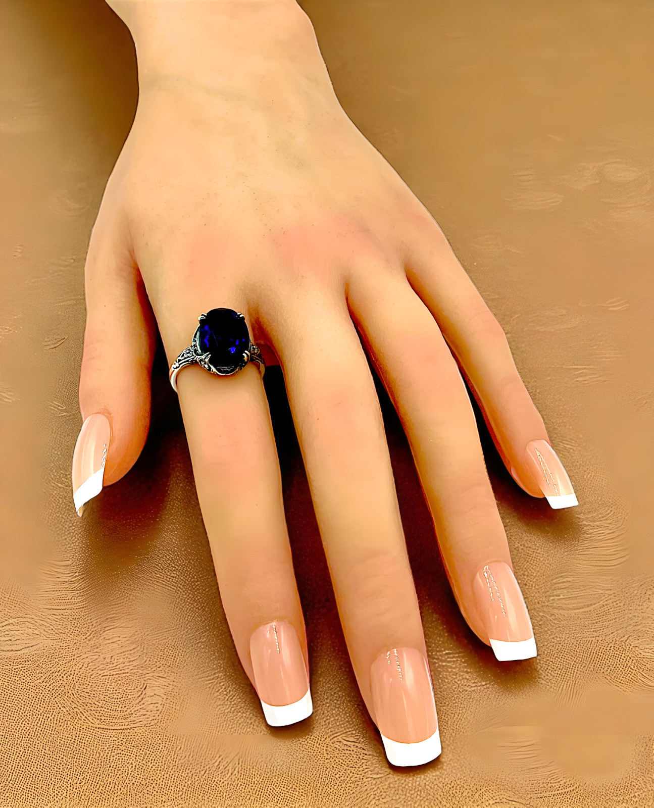 ANTIQUE STYLE 925 STERLING SILVER ROYAL BLUE SIMULATED SAPPHIRE RING #1315