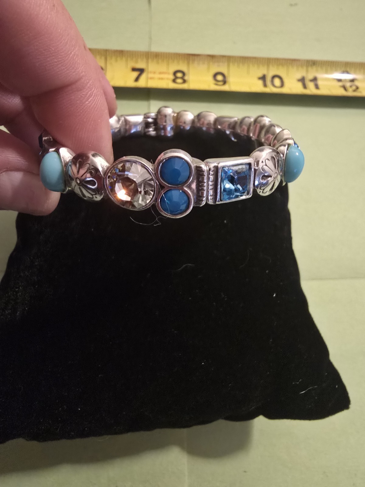 Silver Tone Beaded Ball Bracelet Blue Square Crystal Stones Magnetic Clasp 7in