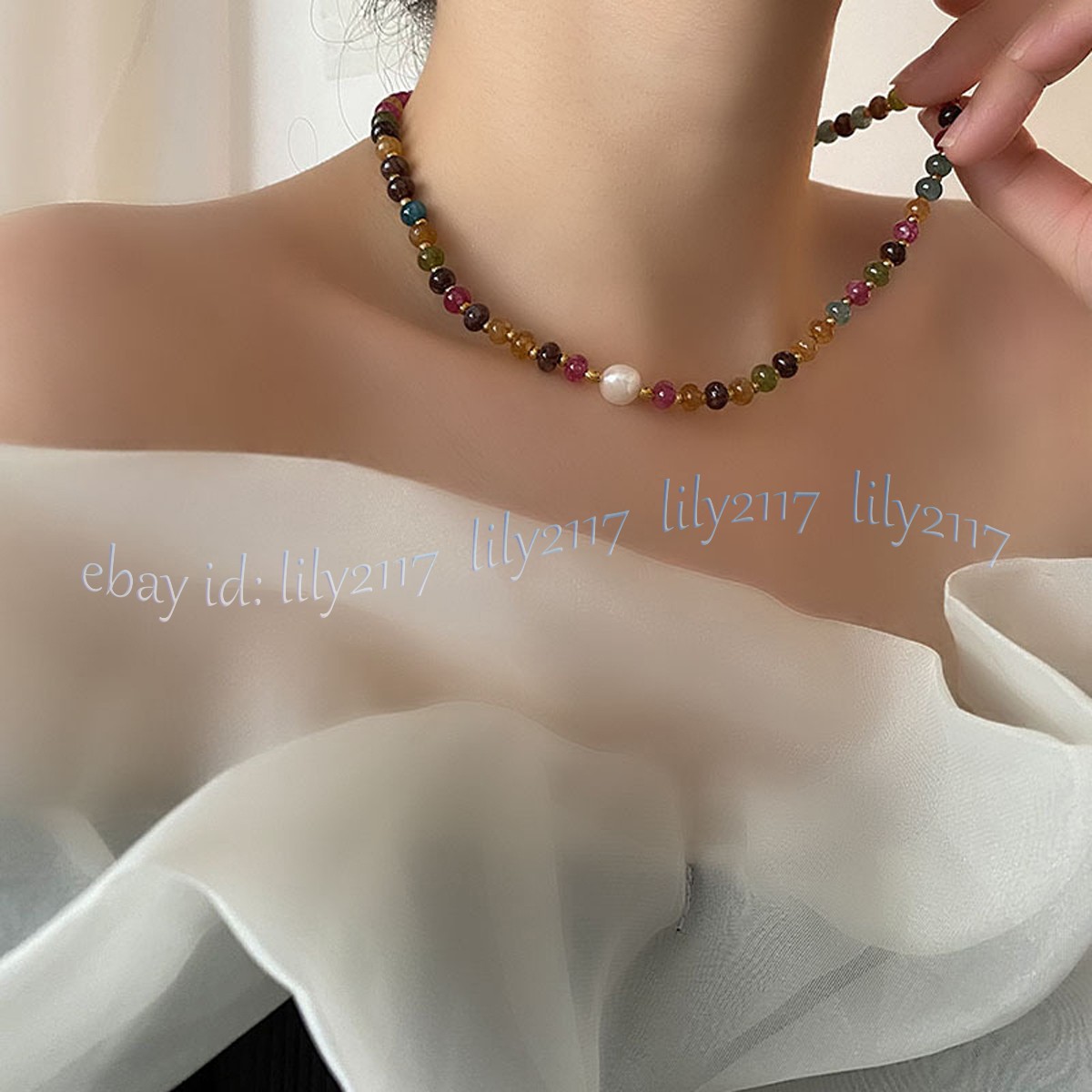 Natural Colorful Tourmaline Rondelle Gemstone Beads White Pearl Necklace 14-48”