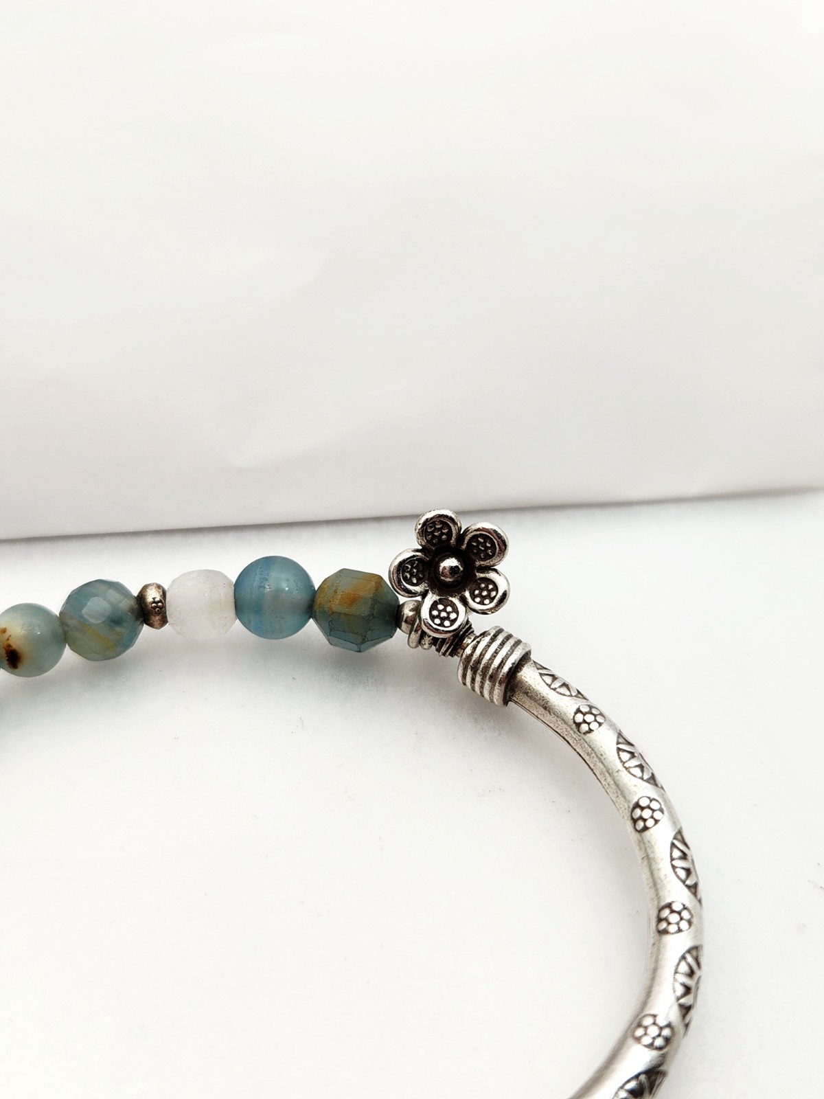 Sterling Silver Bar Stone Bead Bracelet Blue Brown Bangle Stretch Flower Sun 925