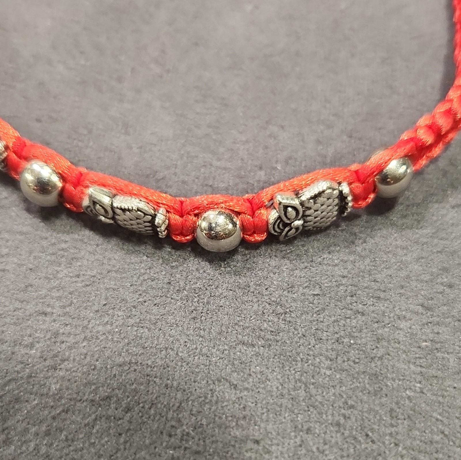 Red Cord Adjustable Slide Bracelet Braided Beaded Style Silver Tone Beads