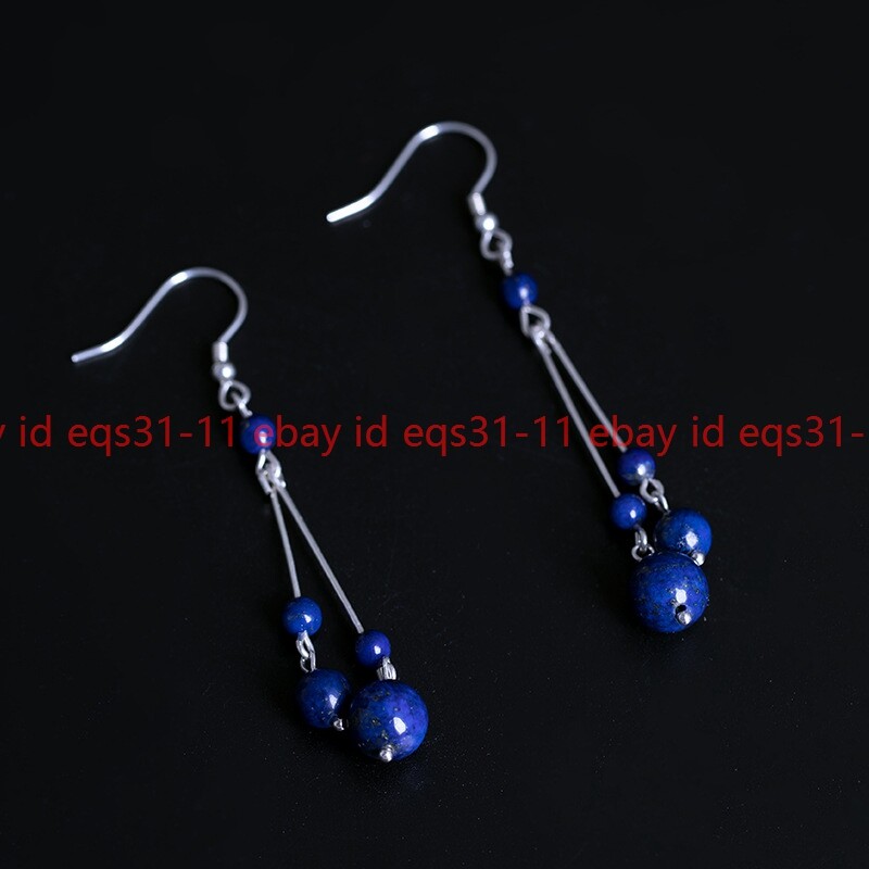 4-6-10mm Natural Lapis Lazuli Round Gems Beads Dangle Silver Hook Earrings