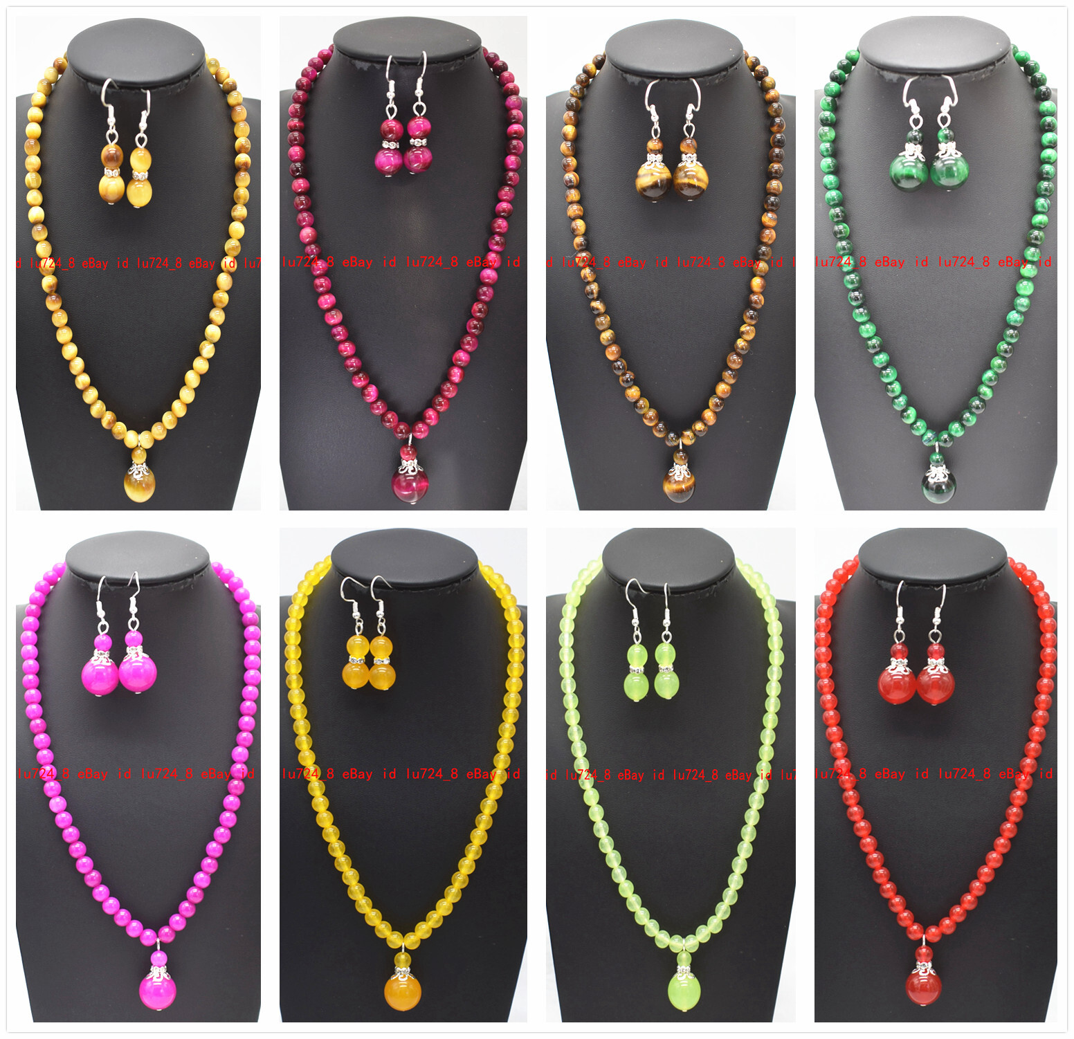 Fashion 6mm Natural Multicolor Gems Round Beads Pendant Necklace Earrings Set