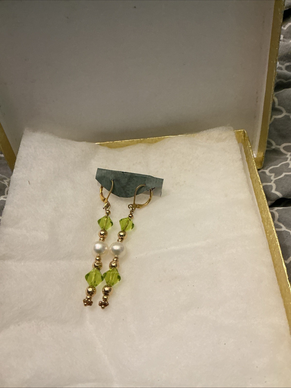Gold With 6 Mm Pearls And Green Beads Earrings