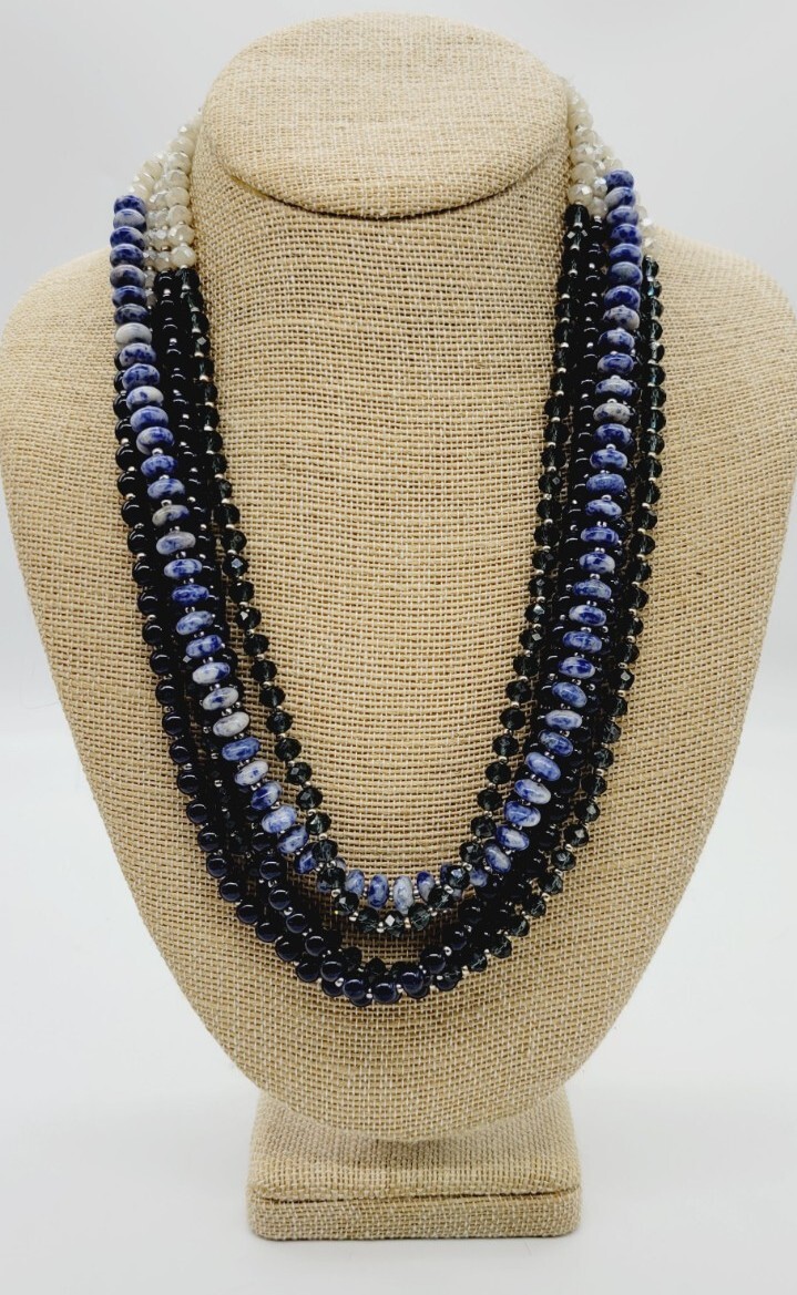 Loft Necklace Beaded Multicolored Layered 5 row 21 in Blue White Gold tone